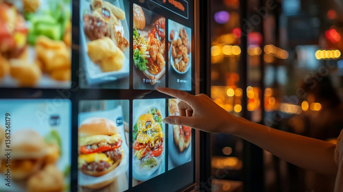 Close-up of interactive digital menu on the wall displaying various fast food and light-colored dishes. A woman's hand reaches out to select one with her index finger. 