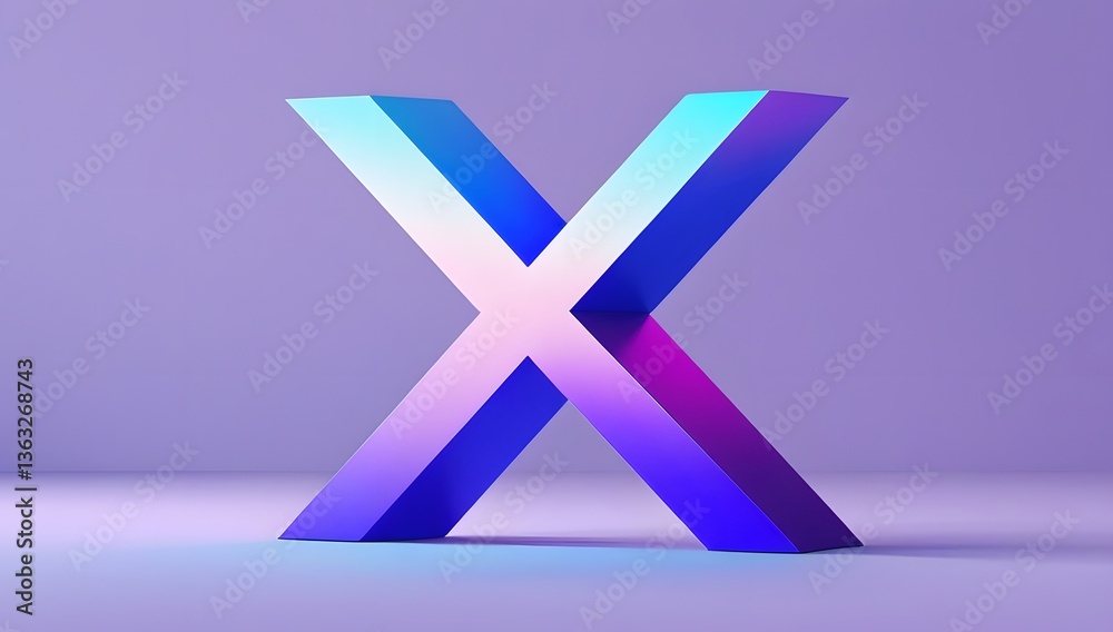 Futuristic 3D Rendered Image of a Large Glowing Cyan and Purple Crystal X Shape: Smooth Rectangular Blocks with Neon Glow on Light Purple Gradient Background