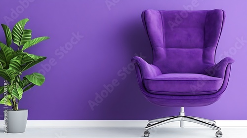 A luxurious purple chair and plant are staged inside a room