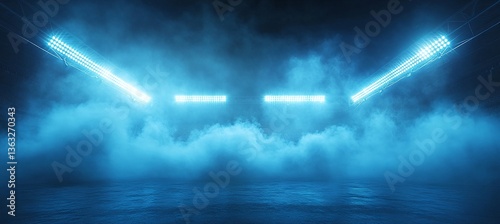 Mysterious blue neon lights illuminate a smoky, reflective surface, creating an atmospheric and futuristic scene.