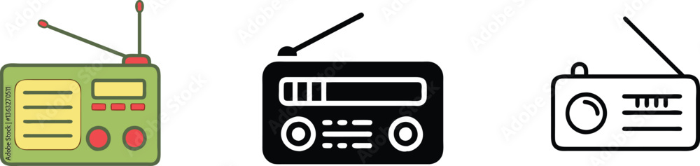 Fototapeta premium Retro Radio Icons Green, Black, Outline Designs, Vintage Broadcast