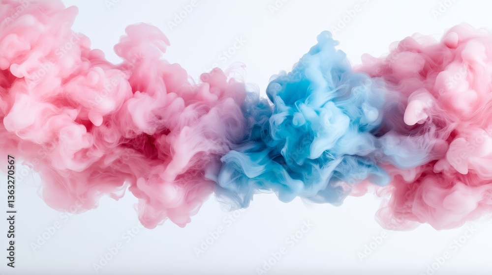 Fototapeta premium Vibrant explosion of pink and blue ink clouds suspended in air against a white background. The image showcases soft, billowing textures and dynamic color blending, ideal for abstract, modern
