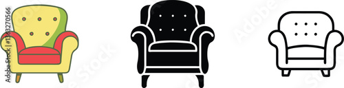 Armchair Styles Color Variations, Black, Outline, Furniture Design
