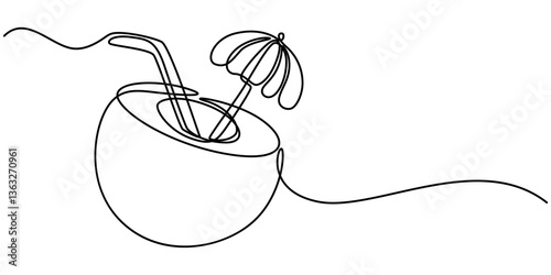 Continuous one line drawing of Beach cocktail linear coconut drink. Thin hand drawn illustration. Pina colada cocktail, Continuous one line drawing whole and sliced healthy sweet organic coconut.