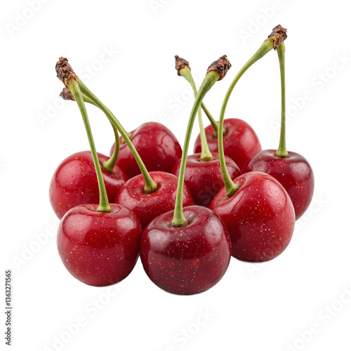 Fresh red cherries with vibrant green stems glossy and ripe Perfect for food and health concepts