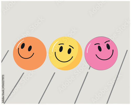 Three vibrant smiley faces in a row, expressing happiness and positivity.