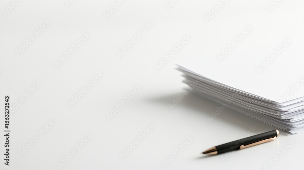 close-up of minimalist modern workspace with financial regulation documents neatly stacked pen beside and ample white close-up of minimalist modern workspace with financial regulation documents neatly stacked pen beside and ample white