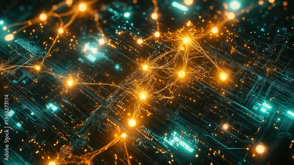 Fototapeta premium Futuristic neural network concept with glowing nodes and circuit board background
