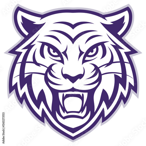 Purple And White Aggressive Tiger Head Roaring Design Isolated on Transparent Background