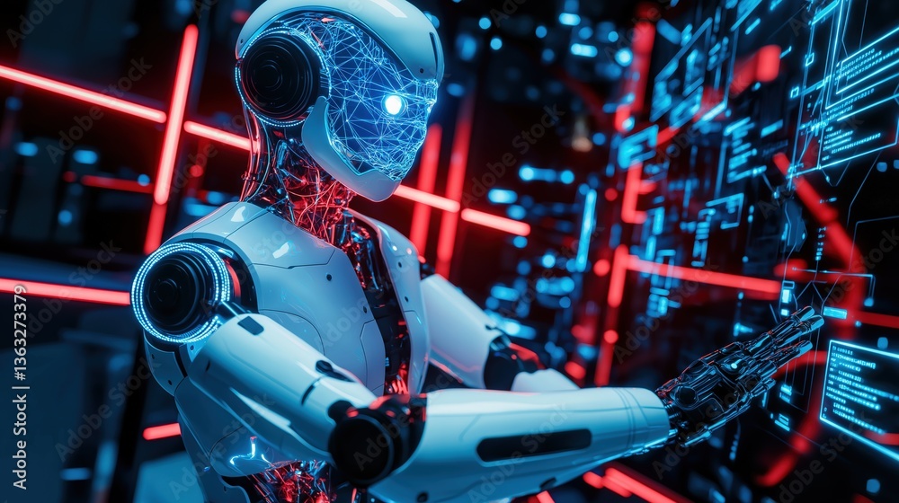 Fototapeta premium Futuristic robot interacting with digital interface in high-tech environment