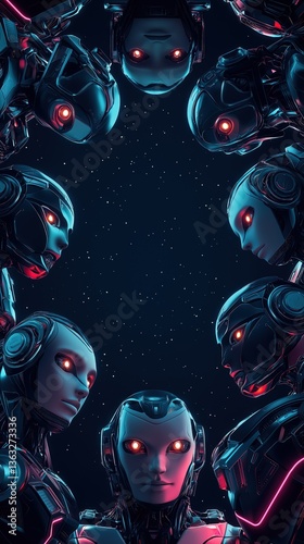 Futuristic robotic faces in symmetrical arrangement with glowing red eyes on starry background