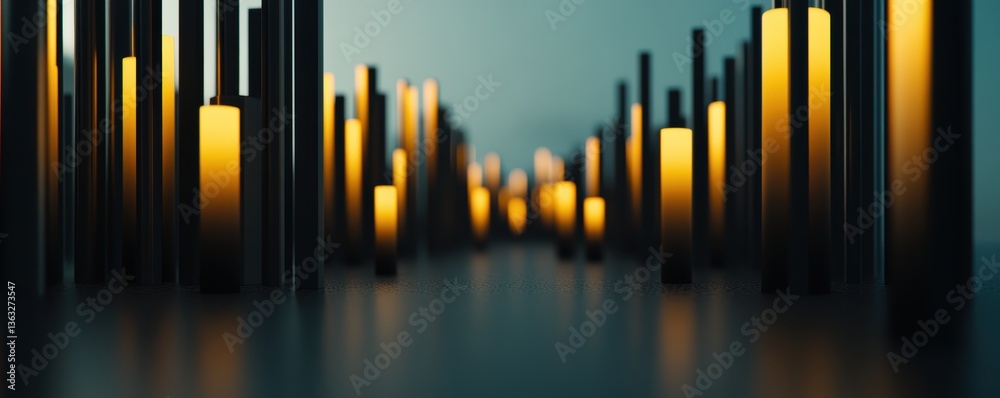 Abstract light installation with glowing cylindrical lamps in symmetrical pattern Abstract light installation with glowing cylindrical lamps in symmetrical pattern