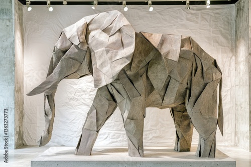 Geometric elephant sculpture in modern gallery with textured patterns and angular design