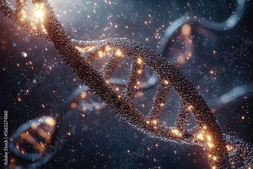 Glowing dna double helix structure in dark background, representing biotechnology and science