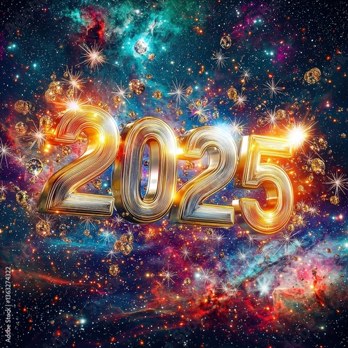 Golden 2025 numerals shine in cosmic celebration with colorful nebulae and stars
