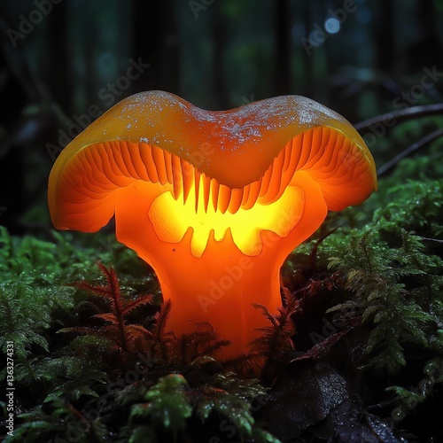 Glowing orange mushroom in enchanted forest with lush green moss