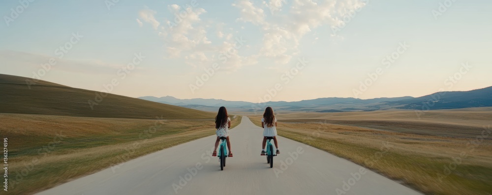 Obraz premium Two young caucasian girls riding bicycles on open road at sunset