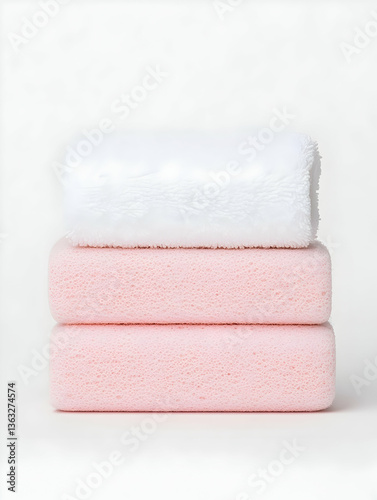 Stacked white towel and pink bath sponges