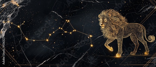Golden lion with constellation on celestial background illustration