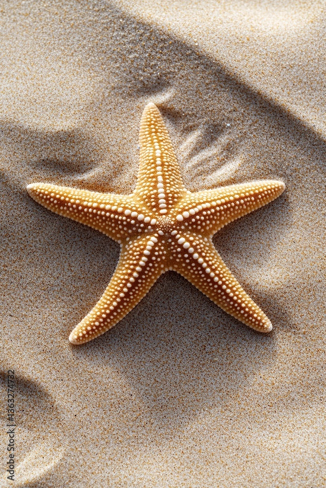 Five-pointed starfish resting on smooth sandy surface in a coastal environment Five-pointed starfish resting on smooth sandy surface in a coastal environment