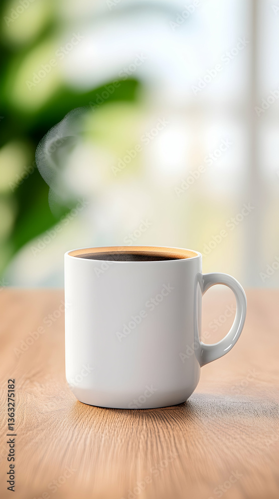Steaming coffee in a white mug on a wooden table, blurred green background Steaming coffee in a white mug on a wooden table, blurred green background