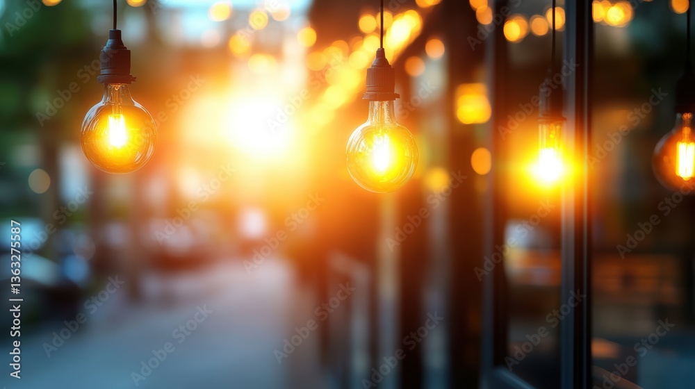 Fototapeta premium Warm evening glow with hanging bulbs on a city street