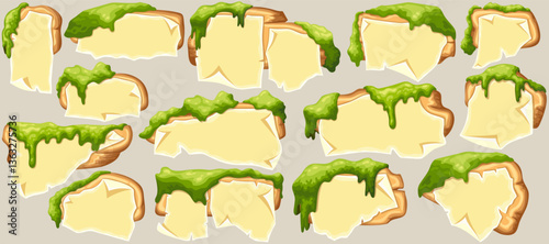 Cartoon game panels in jungle style with swamp moss, forest lichen. Vector signboards with old paper. Set isolated wooden gui elements, boards for covers, applications, notebooks, mobile games.