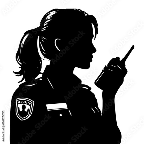 A black and white silhouette of a guard with a walkie-talkie on a white isolated background. Vector graphics. EPS.