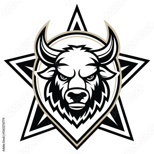 Wallpaper Mural Bull Head Mascot on Star, Horns, Black and Beige Color Design, White Ground Torontodigital.ca