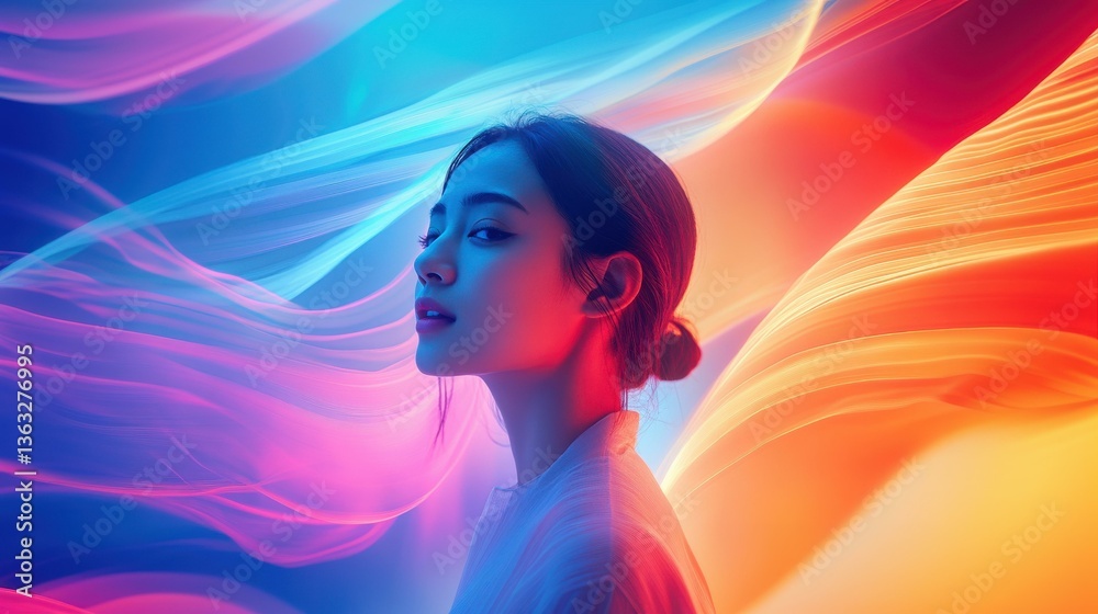 custom made wallpaper toronto digitalSerene Asian Woman with Ethereal Glow: Digital Marketing Professional in a Vibrant, Modern Workspace