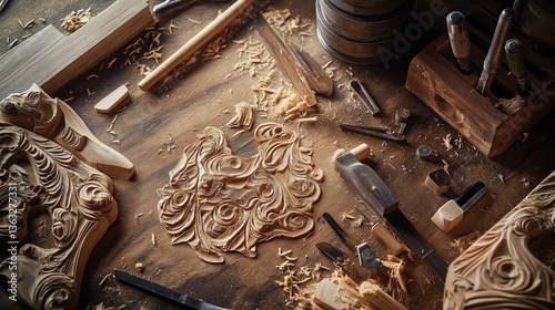 Intricate wood carving and tools on artisan workbench