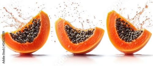 Three vibrant papaya slices with juicy seeds and refreshing water splash on a clean white background for healthy eating concept