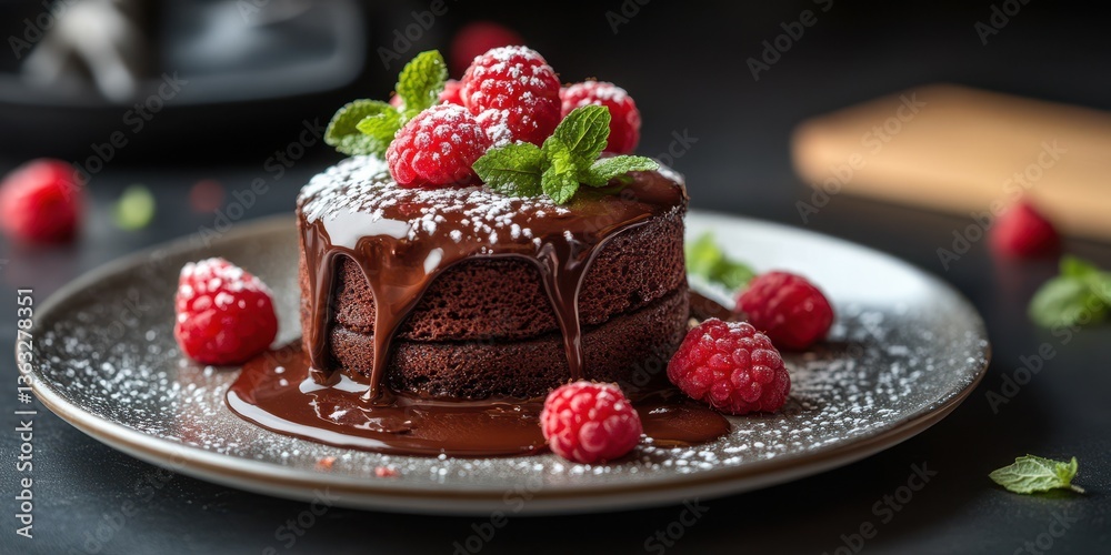 Indulgent chocolate cake topped with fresh raspberries and mint on a dark textured plate