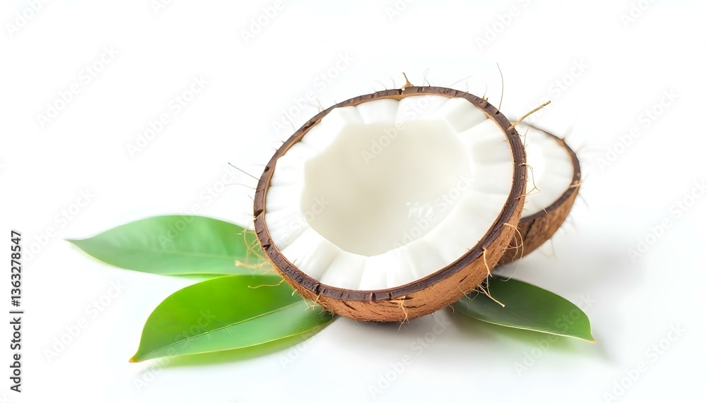 A studio shot of a halved coconut with three green leaves on a white background