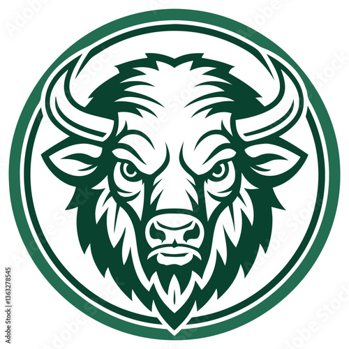 Fierce Bison Head Green Isolated on White Background, Powerful Bull
