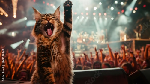 Maine coon cat singing and raising paw at concert with fans cheering. Generative ai illustrations