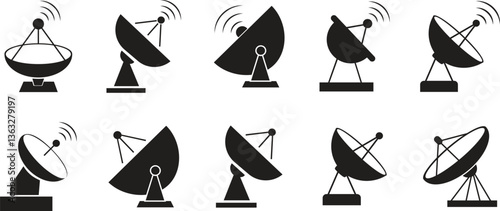 Antennae satellite dish icon set. Radar satellite dish vector symbols isolated on transparent background. Dish antenna receiver and transmitter for television, radio transmission for apps and websites