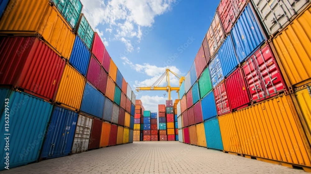 Fototapeta premium Colorful Shipping Containers Stacked High in Yard, Yellow Crane in Distance, Blue Sky with Clouds