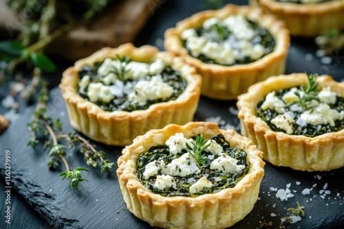 Spinach and feta tartlets with fresh herbs on slate. Mini savory tarts.