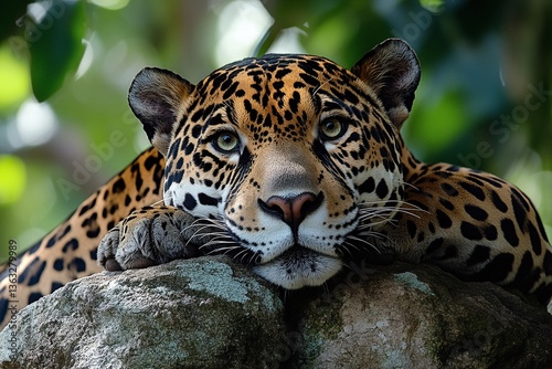 Majestic jaguar resting on a rock, its striking coat contrasting against the lush green background. A captivating portrait of wildlife.