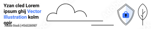 Cloud with a shield featuring a lock, abstract text, and a leaf design. Ideal for cybersecurity, cloud storage, nature-tech integration, data privacy, eco-tech, sustainability flat landing page