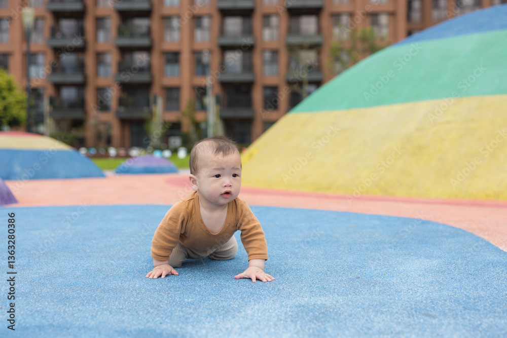 Infant lying on soft blue playground surface