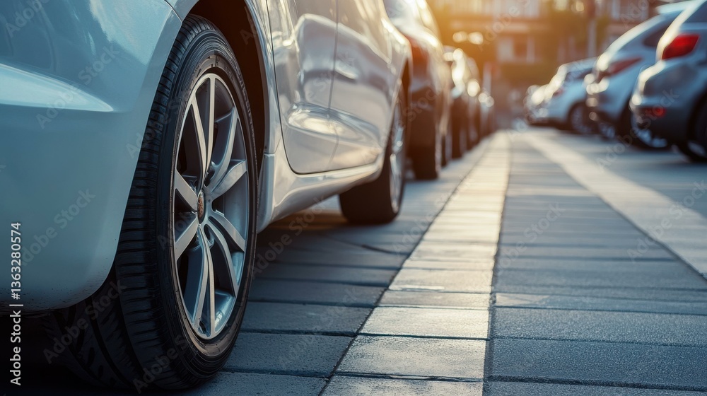 Row of cars parked closely on a paved street with a close up view of tire and alloy rim, side view of cars. Row of cars parked closely on a paved street with a close up view of tire and alloy rim, side view of cars.