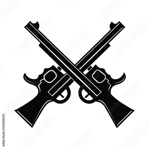 Black handgun with bullets isolated on white background.