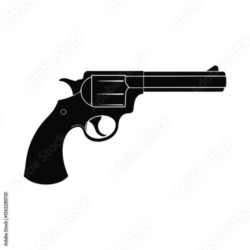 Black handgun with bullets isolated on white background.