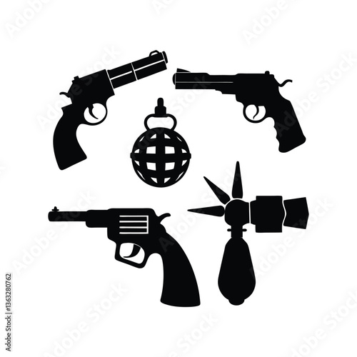 Black handgun with bullets isolated on white background.