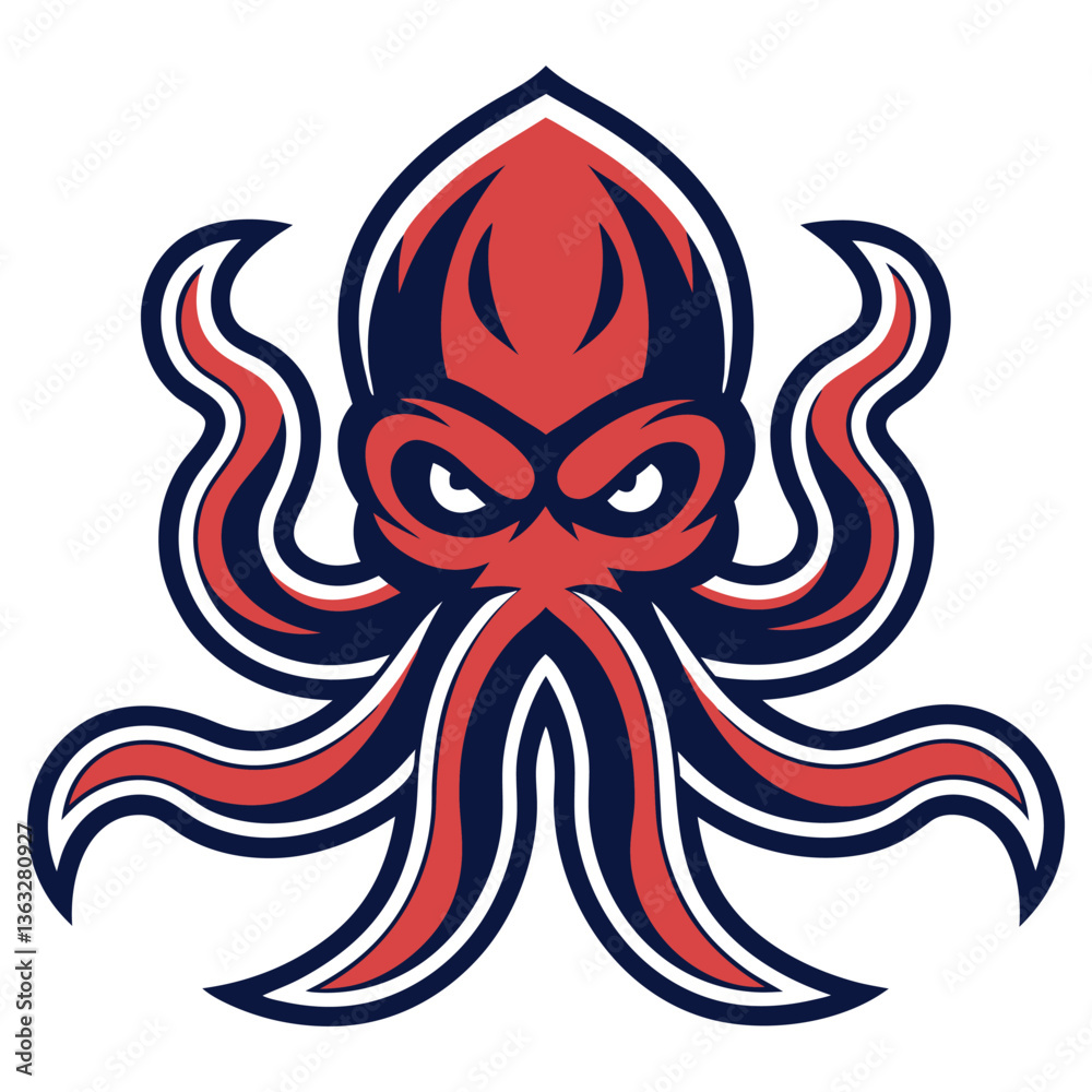 Obraz premium Isolated Cartoon Octopus Mascot with Angry Eyes, Red and Navy Color on White Background