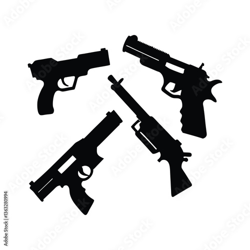Black handgun with bullets isolated on white background.