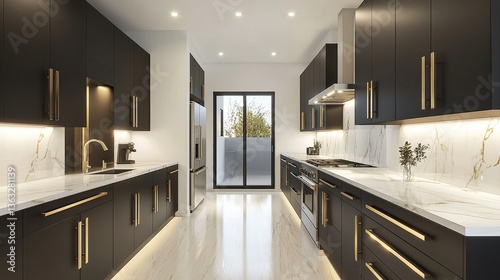 Modern kitchen with black cabinetry, marble countertops, and natural light
