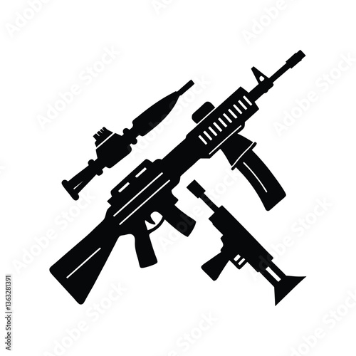 Vector illustration of an assault rifle with a focus on gun, weapon, and military elements